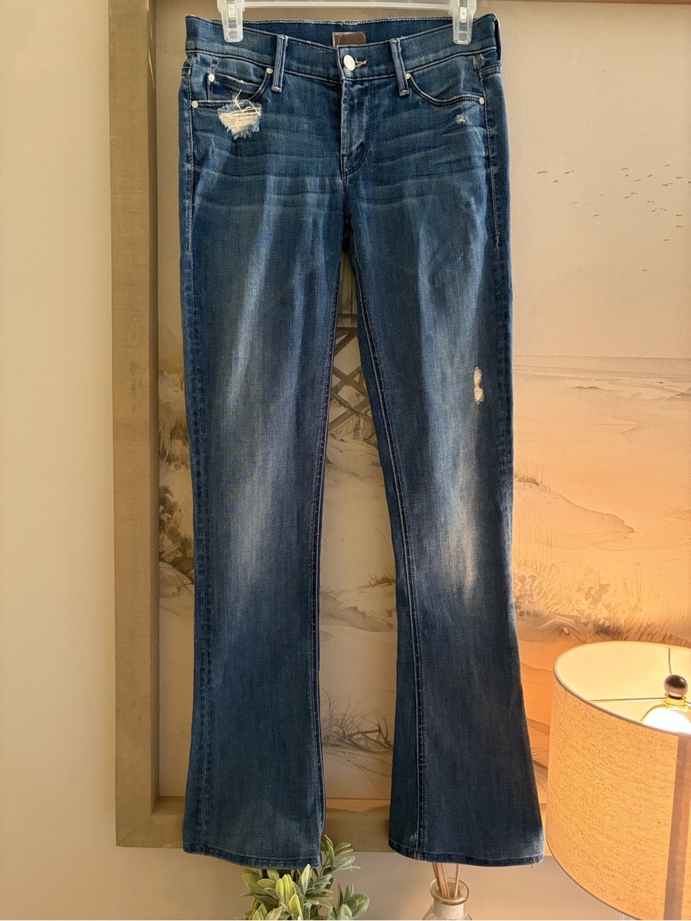 MOTHER Dark Blue Distressed Wide-Leg Jeans